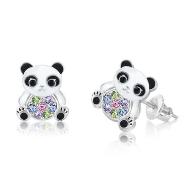 Panda Enamel Multi-color Crystal White Gold Palladium Plating Hypoallergenic Kids Screwback Stud Earrings Surgical Titanium Posts