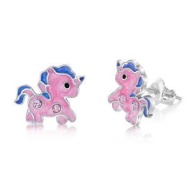 Unicorn Enamel Crystal White Gold Palladium Plating Hypoallergenic Kids Screwback Stud Earrings Surgical Titanium Posts