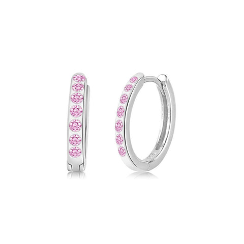 White Gold Hoop Earrings with Pink Stones