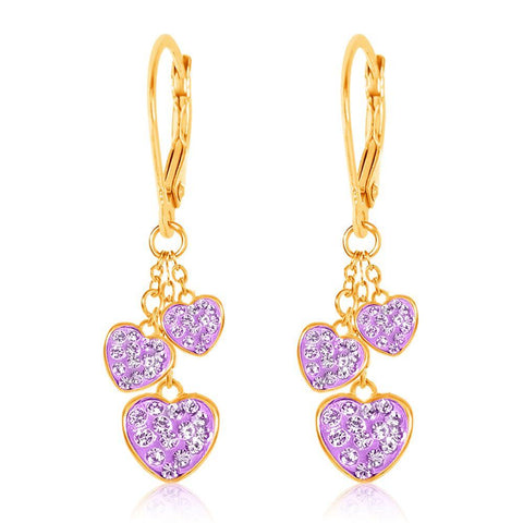 Purple hanging hearts, yellow gold hypoallergenic earrings from Chanteur