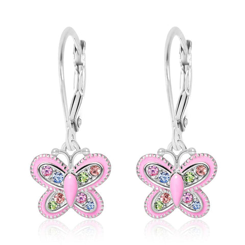 Crystal Pink Enamel Butterfly Leverback Earrings
