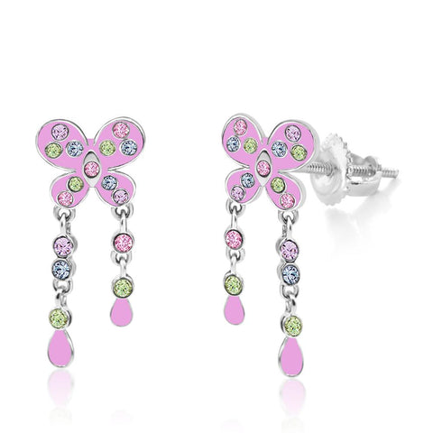 Children's Earrings - Premium 8mm Crystal Butterfly Screwback Kids Baby Girl Earrings with Swarovski Elements by Chanteur Surgical Titanium Posts with