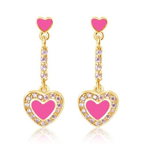 18K Gold Pink Enamel Heart Earrings with Push-On Backs
