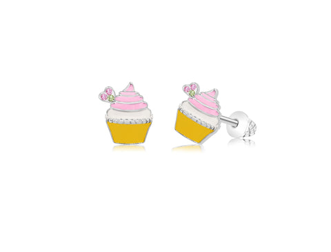 White Gold-toned plated Pink Cupcake with  Stones Screwback Earring