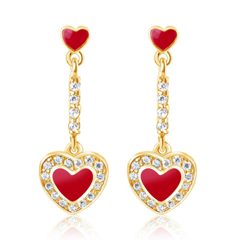 Yellow Gold Heart Drop Earrings in Red