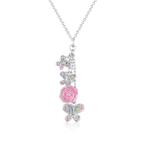 Crystal Pink Enamel Flower And Butterfly Pendent