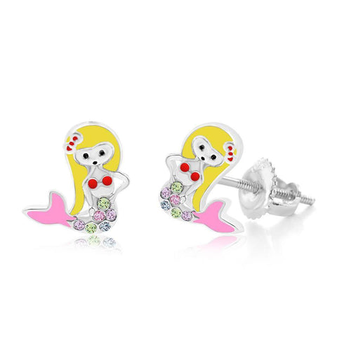 Crystal Pink And Yellow Enamel Mermaid Screwback Earrings