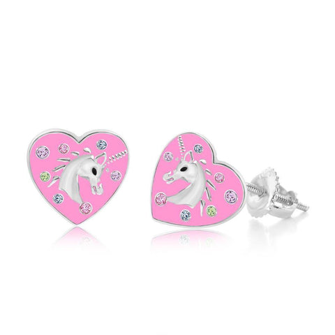Crystal Pink Enamel Heart Unicorn Screwback Earrings