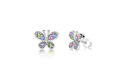 Butterfly Mulit-color Crystal White Gold Palladium Plating Hypoallergenic Kids Screwback Stud Earrings Surgical Titanium Posts